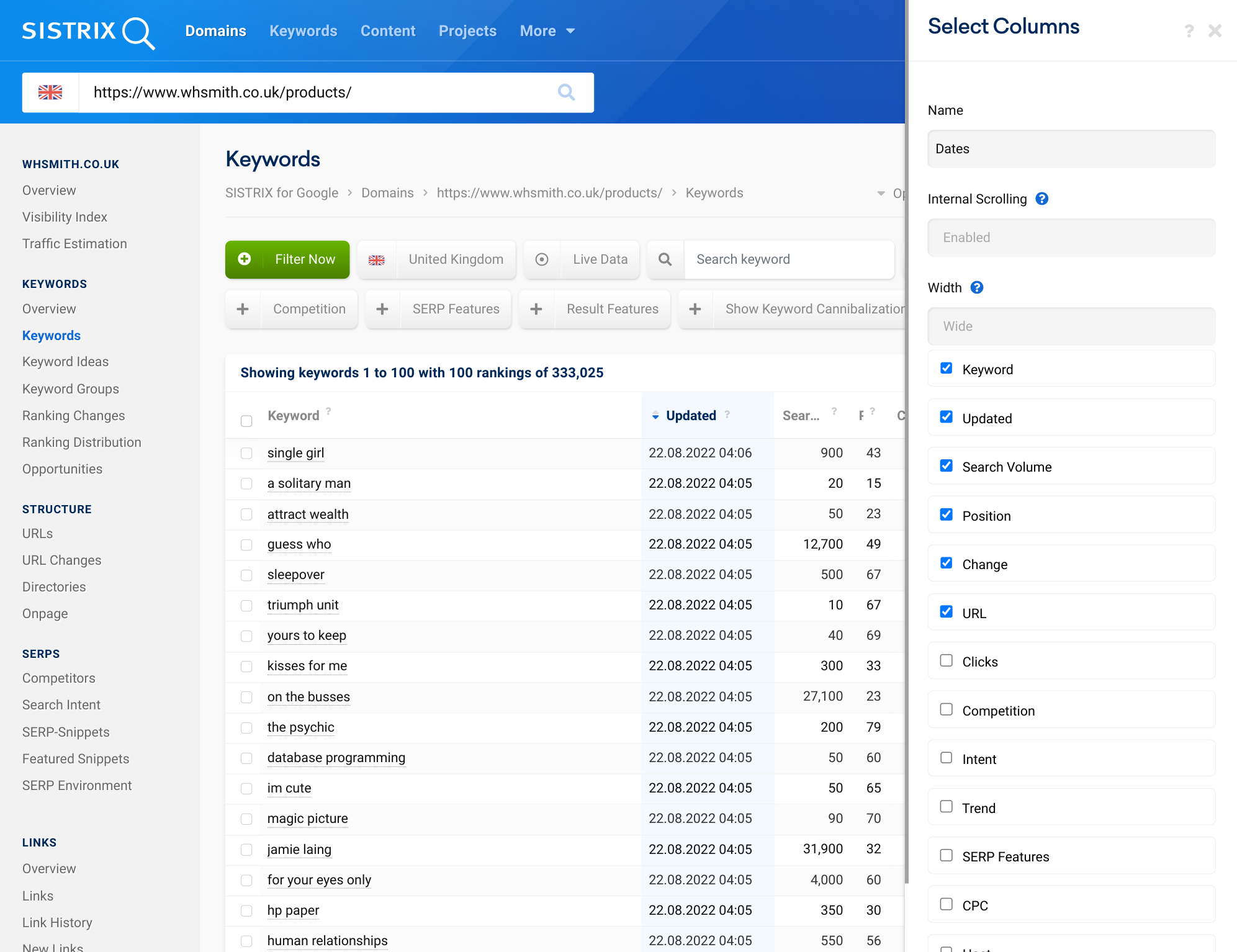 Live SEO data in keyword ranking tables