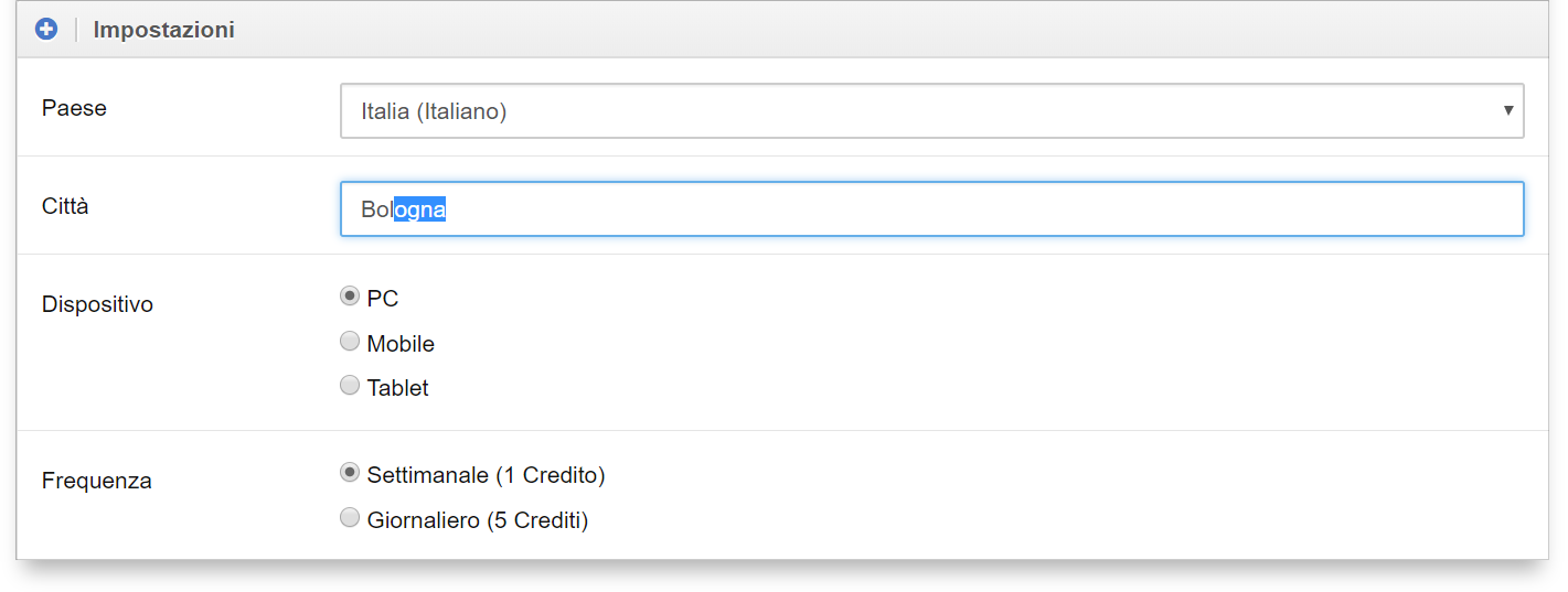 Inserire la località per le keyword da scansionare nell'Optimizer