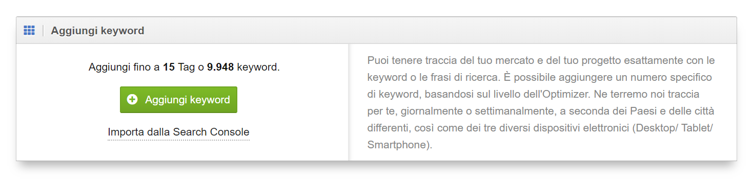 Per aggiungere le keyword in un progetto Optimizer bisogna andare nelle impostazioni e poi su "Aggiungi Keyword"