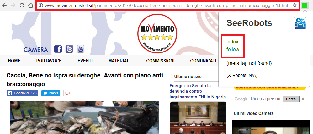 URL http://www.movimento5stelle.it/parlamento/2017/03/caccia-bene-no-ispra-su-deroghe-avanti-con-piano-anti-bracconaggio-1.html per la keyword “no caccia”