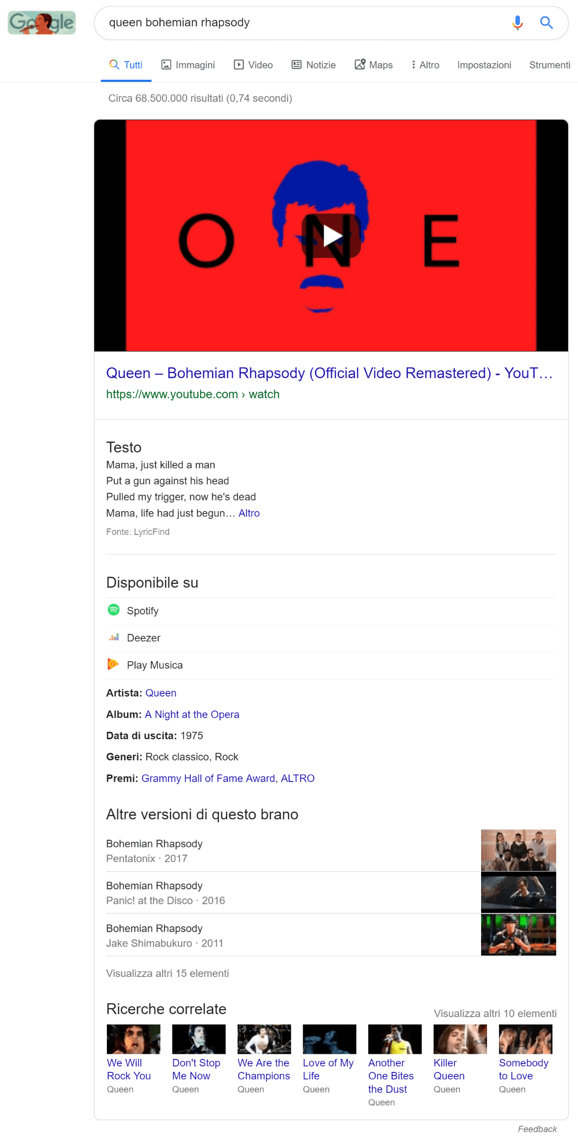 Esempio di One Box per la query "queen behomian rhapsody"