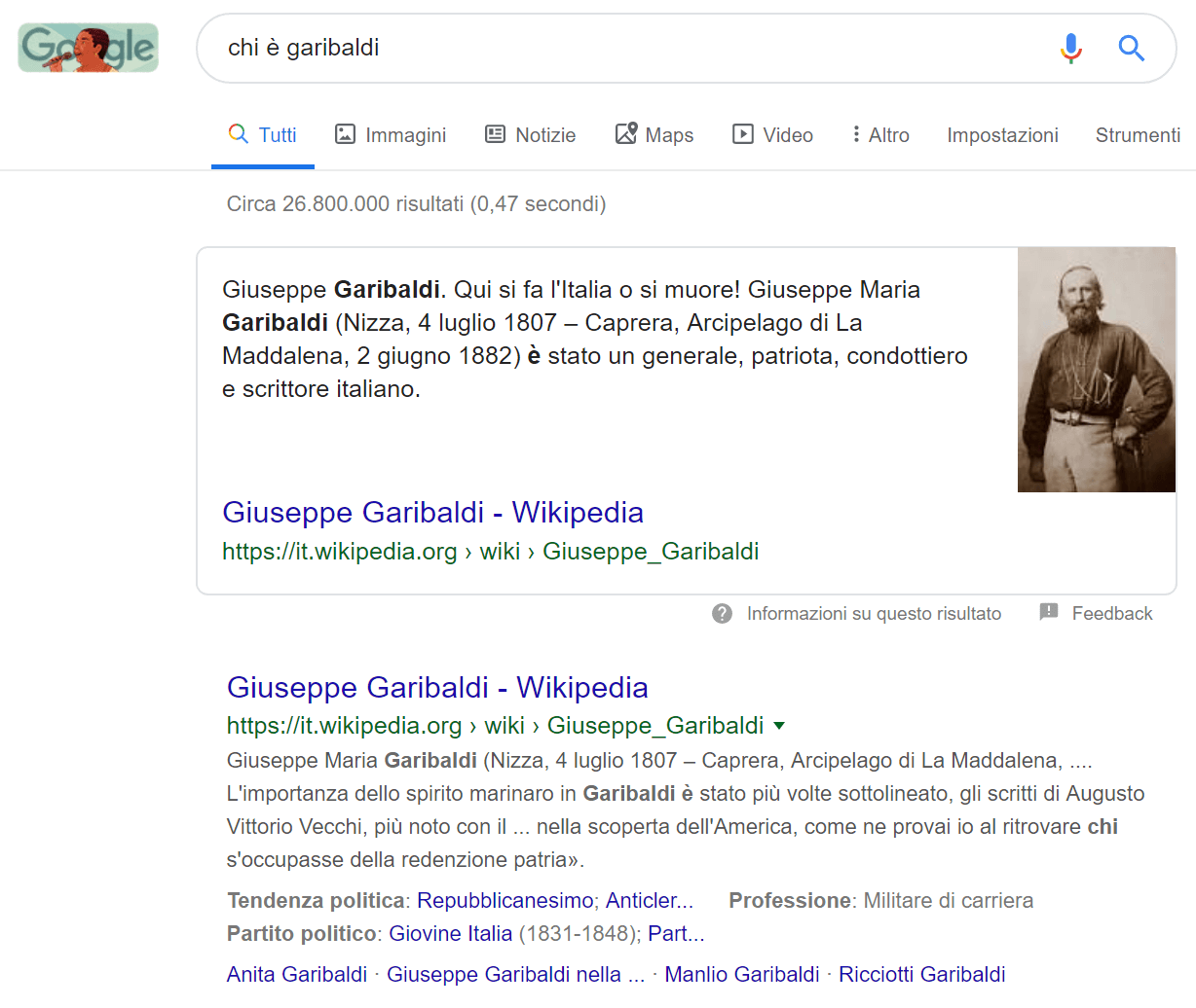 Esempio di text snippet per la query "chi è garibaldi"