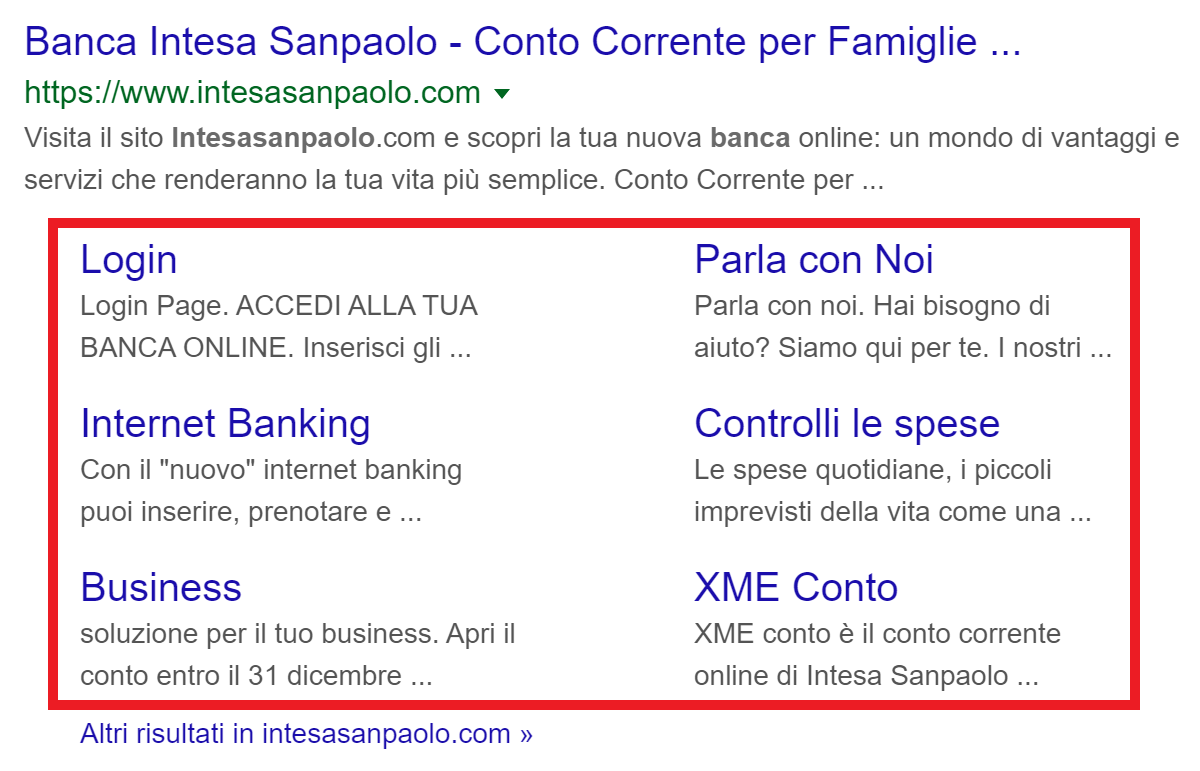 Expanded sitelinks (marcati in rosso) per la query di ricerca "Banca intesa"