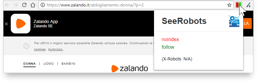 Estensione SeeRobots - analisi del sito zalando.it