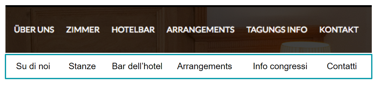 Menù di navigazione principale del sito di un hotel