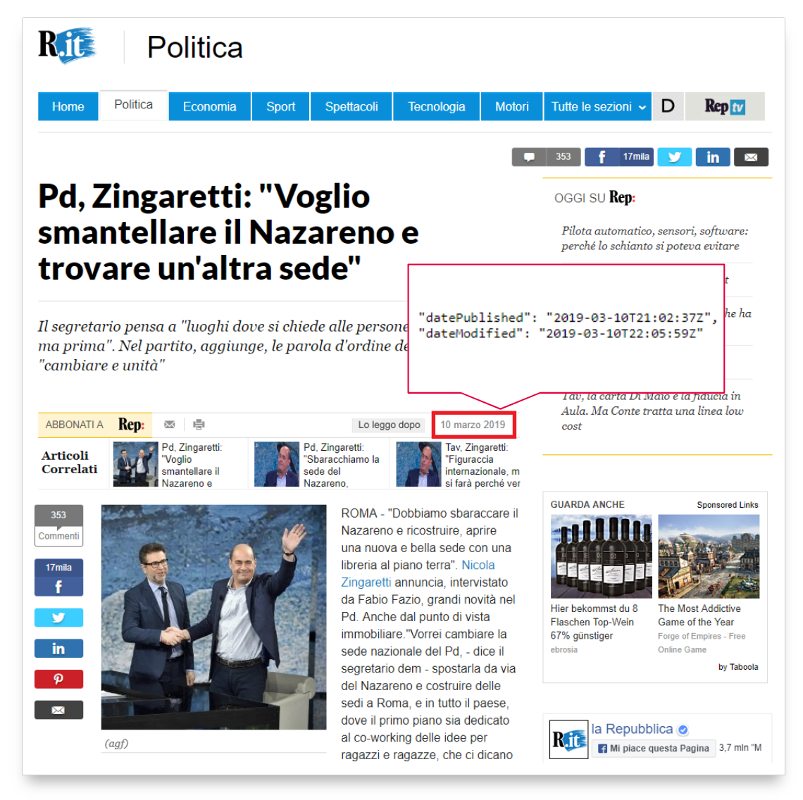 Corretto inserimento della data in un articolo nel sito di repubblica.it