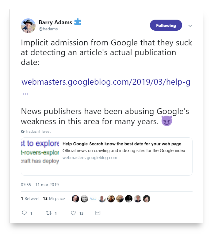 Tweet de Barry Adams sobre la fecha en artículos según Google 