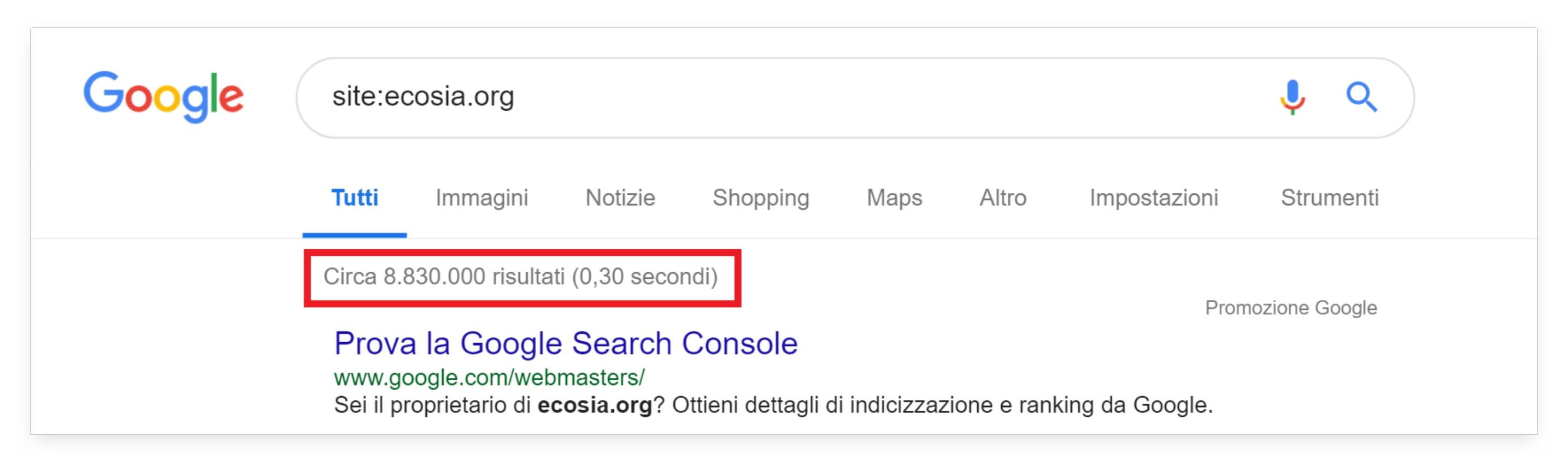 Numero di pagine indicizzate di ecosia.org al momento