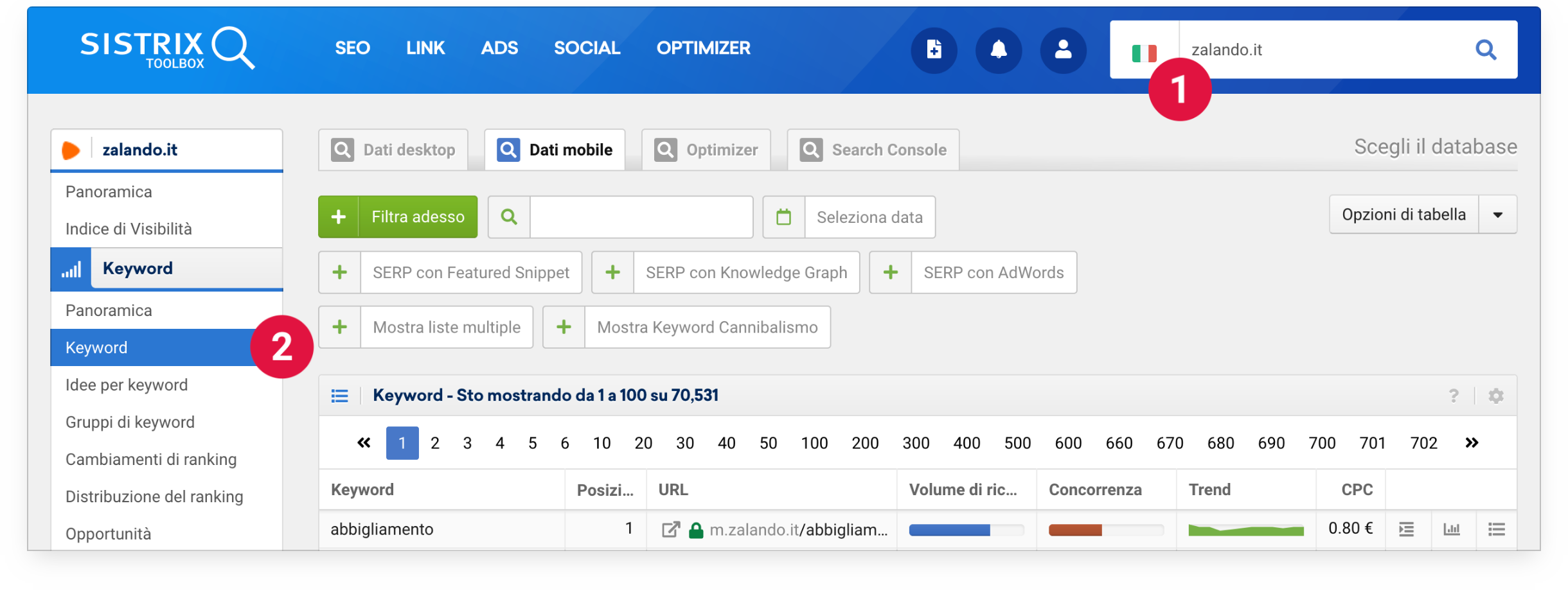 Sezione "Keyword" nel Toolbox SISTRIX