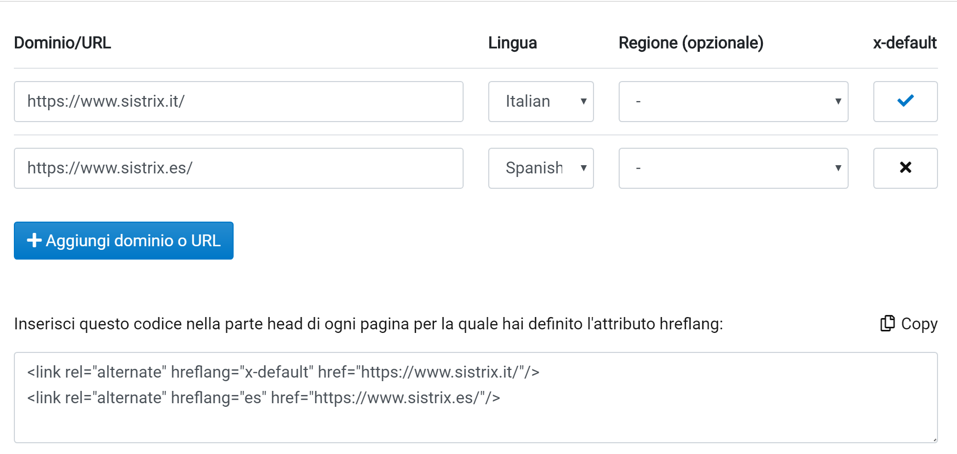 Generatore hreflang SISTRIX