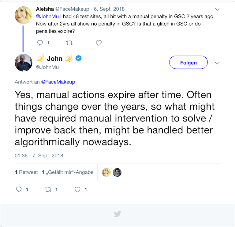 Tweet di John Mueller relativo alle penalità manuali, che scadono dopo un certo periodo