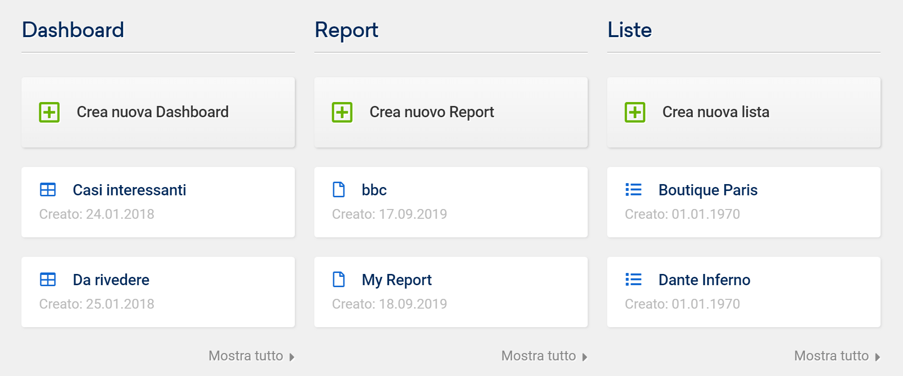 Interfaccia del Toolbox SISTRIX: anteprima di Dashboard, Report e liste