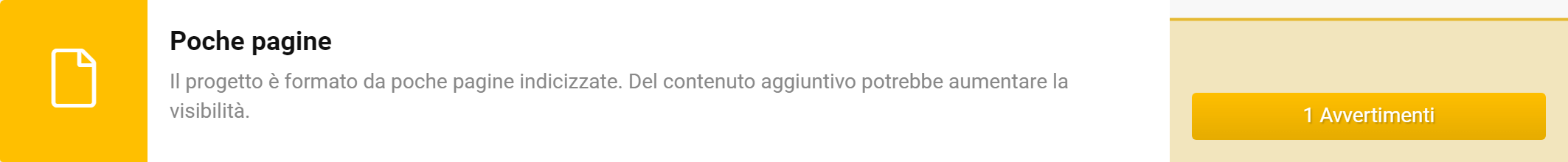 Optimizer SISTRIX: avvertimento che indica che il numero di pagine indicizzate del sito è molto basso