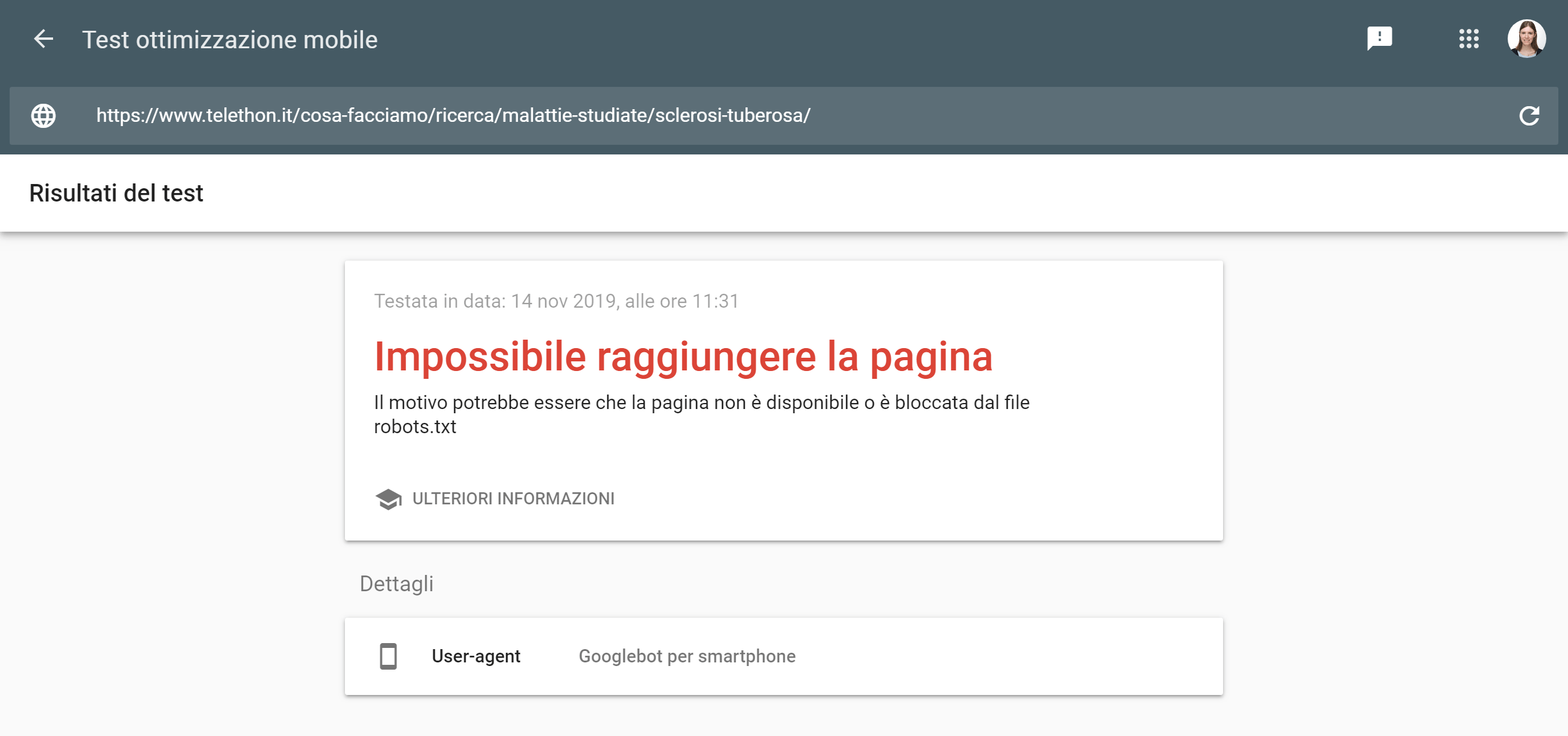 Il Test Ottimizzazione Mobile di Google conferma che la pagina non è raggiungibile.