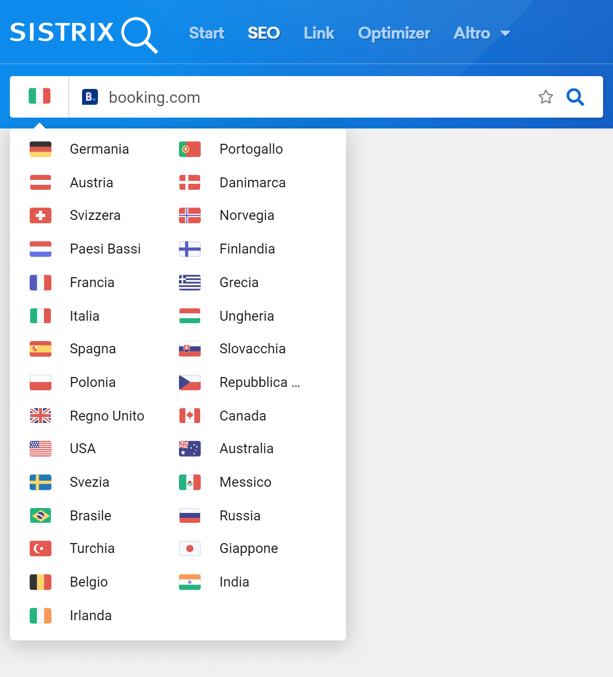 Paesi disponibili nel Toolbox SISTRIX selezionabili dalla barra di ricerca