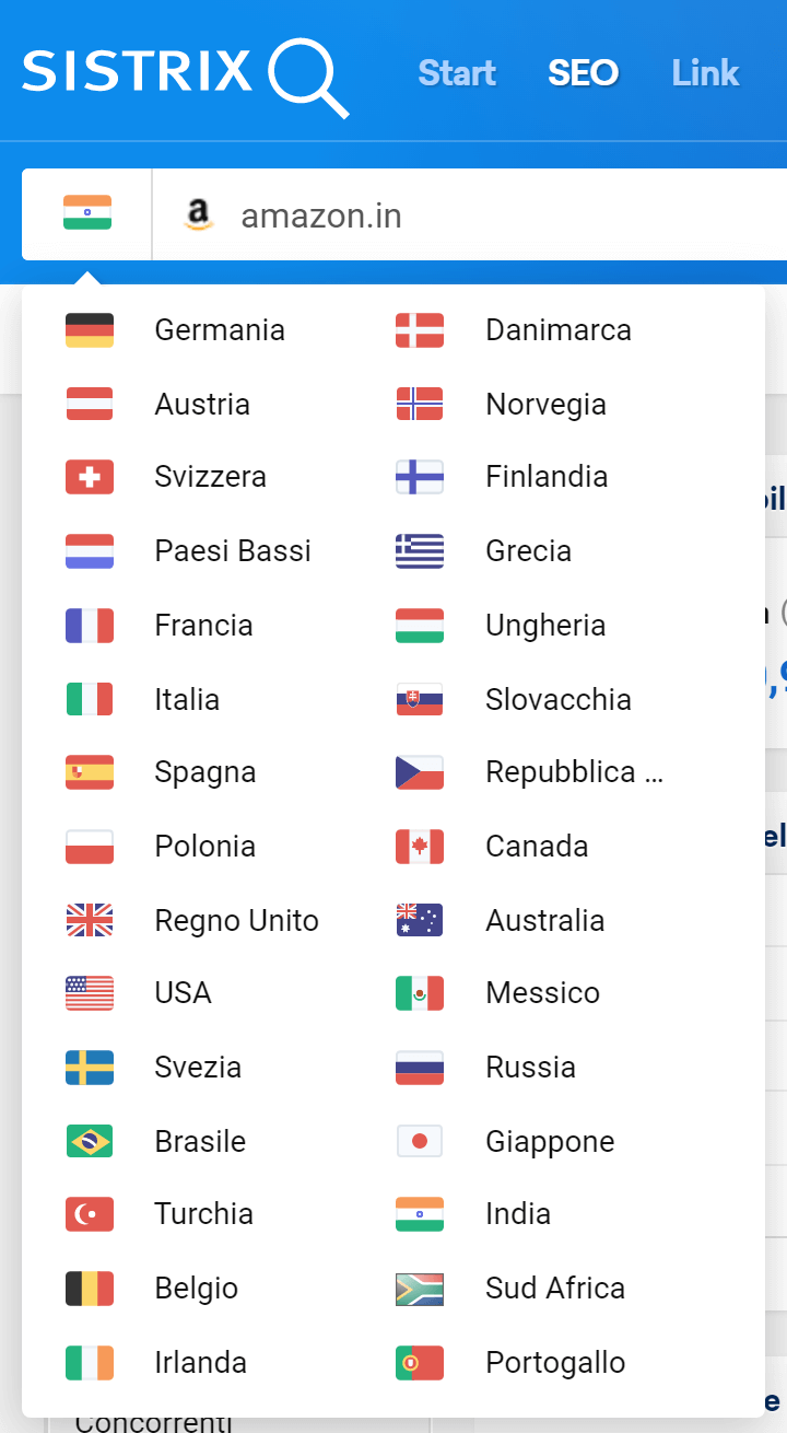 Toolbox SISTRIX: è possibile selezionare i Paesi dalla barra di ricerca