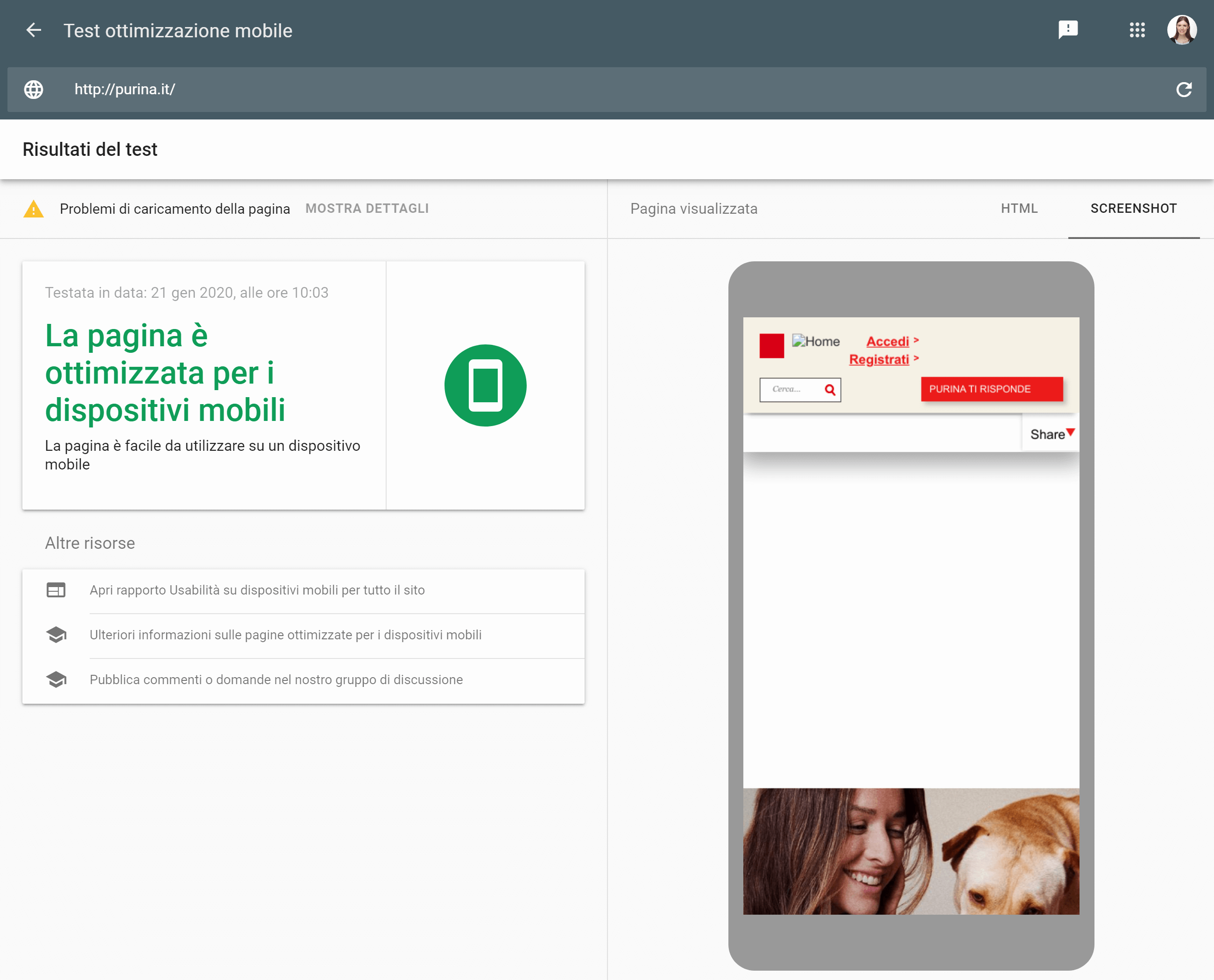 Test di ottimizzazione mobile per purina.it: il secondo test risulta positivo, ma la pagina non è caricata interamente