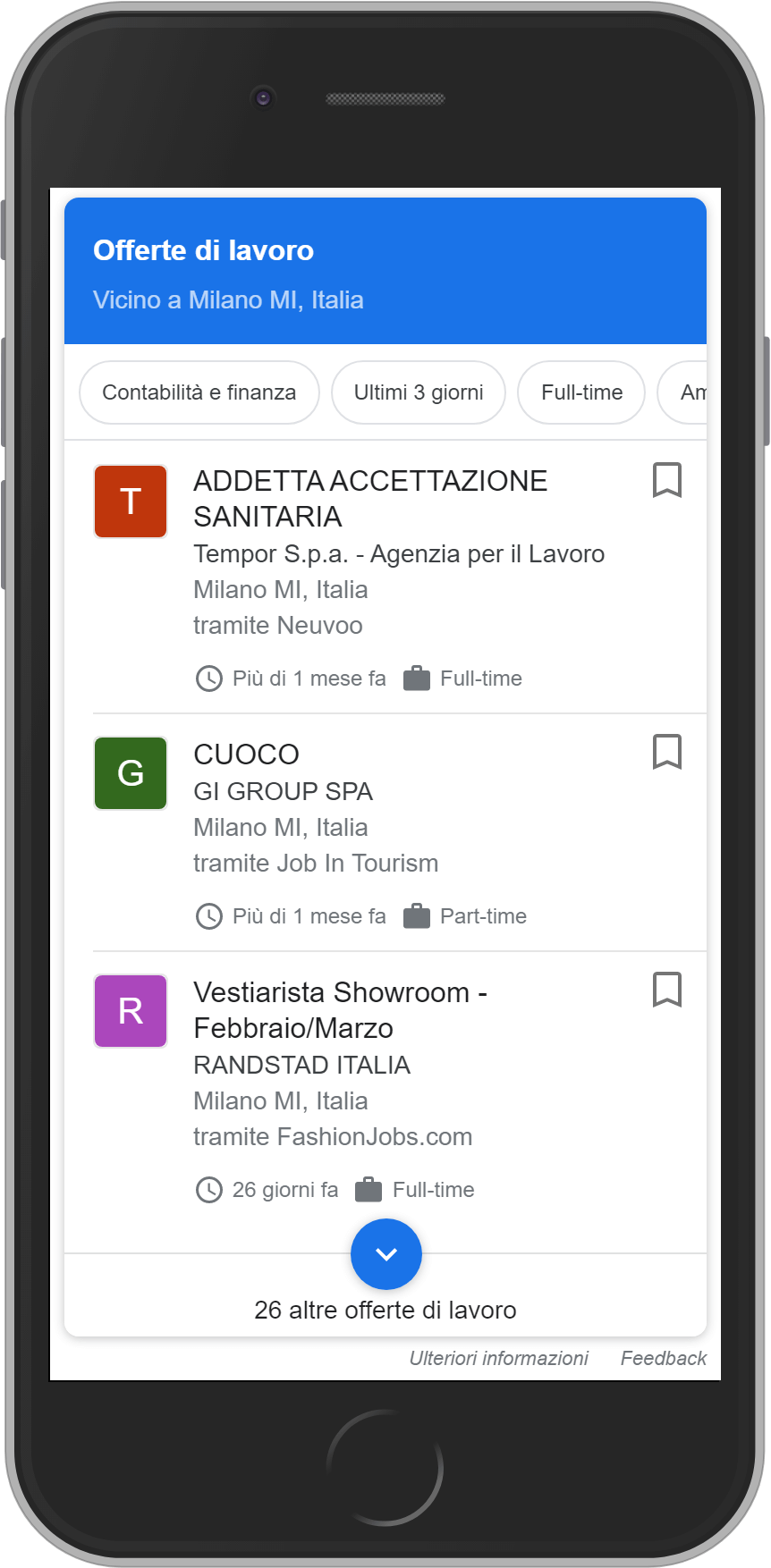 Esempio di SERP contenente un'integrazione di Google Jobs (Keyword: "agenzia lavoro interinale milano")