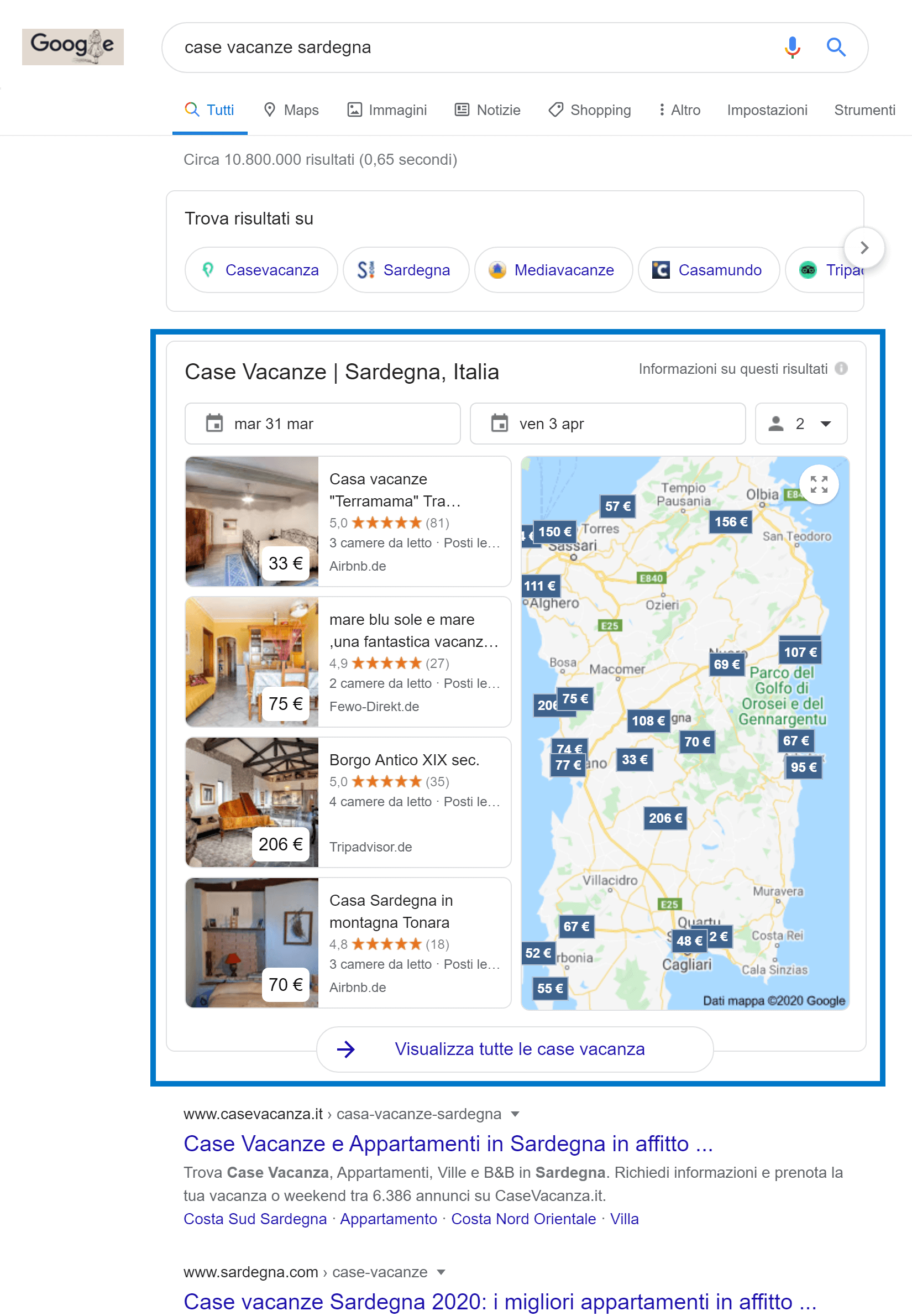 Box di Google nel settore delle case vacanza