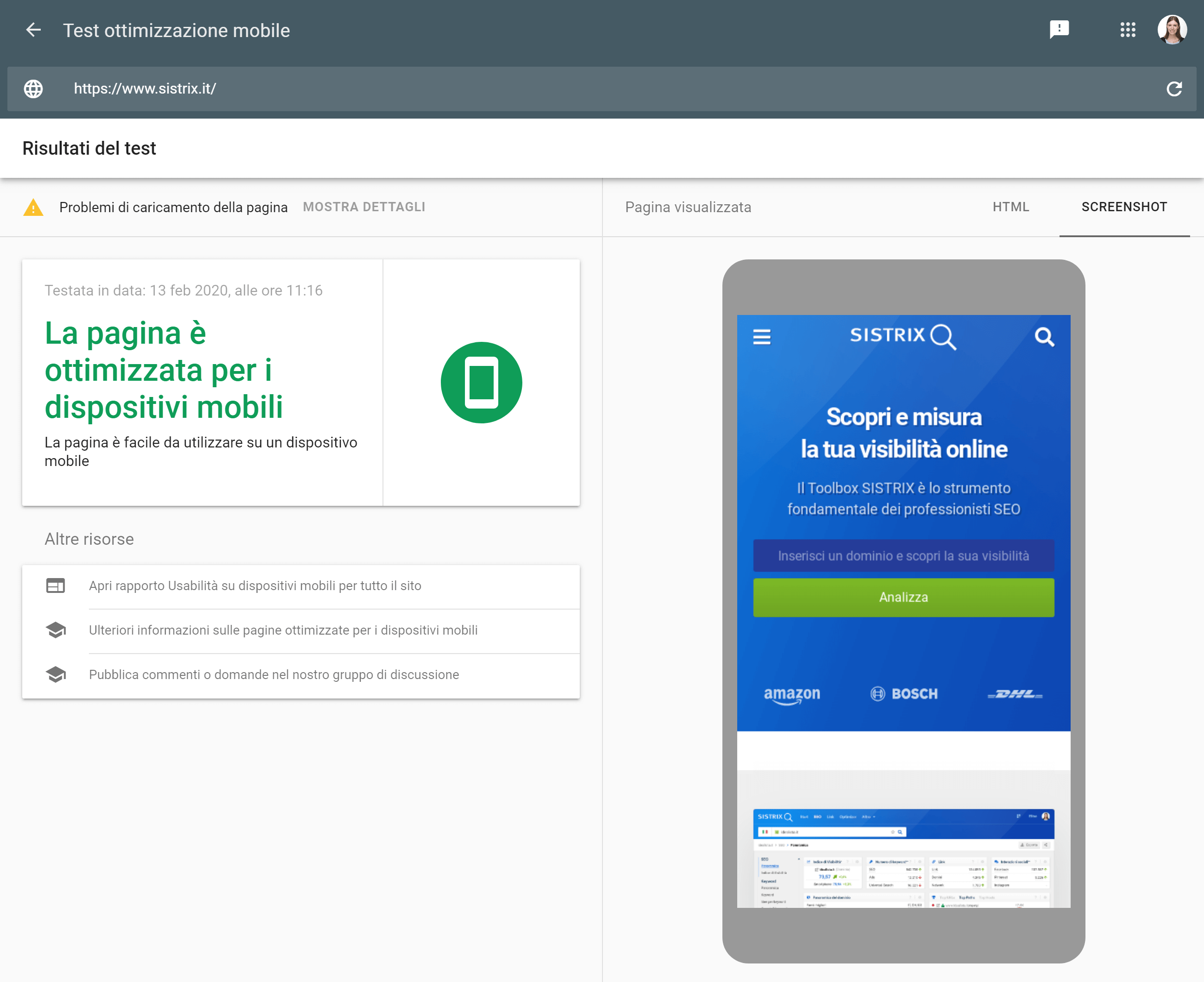 Il test di ottimizzazione mobile offerto da Google
