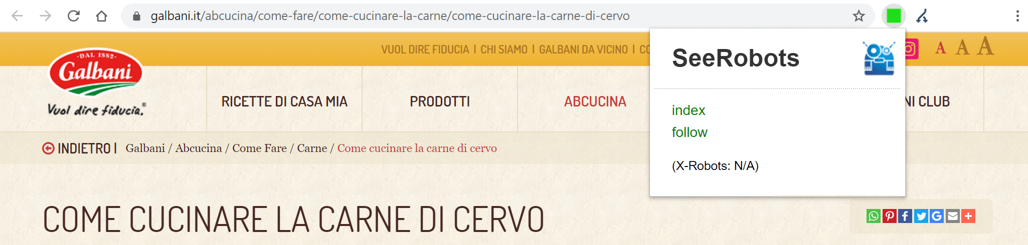 L'URL posizionato per la keyword "arrosto di cervo" è stato impostato come index, follow