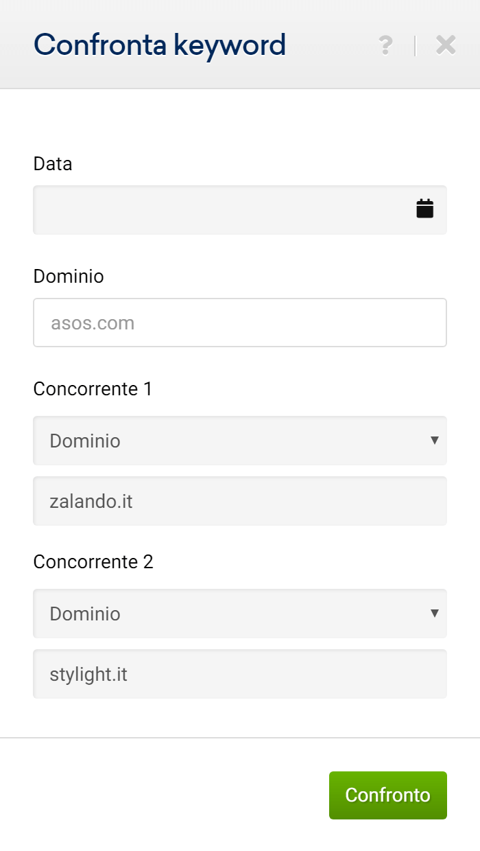 Finestra di input per il confronto con più concorrenti nel Toolbox SISTRIX