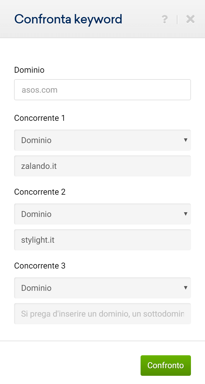 Finestra di input per confrontare le keyword in comune di più domini