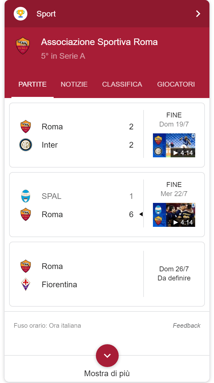 Integrazione di Google sui risultati sportivi