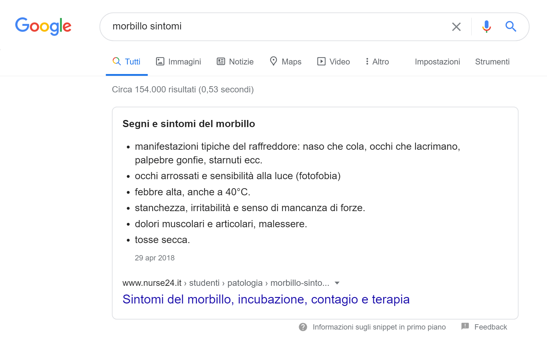 Esempio di Featured Snippet