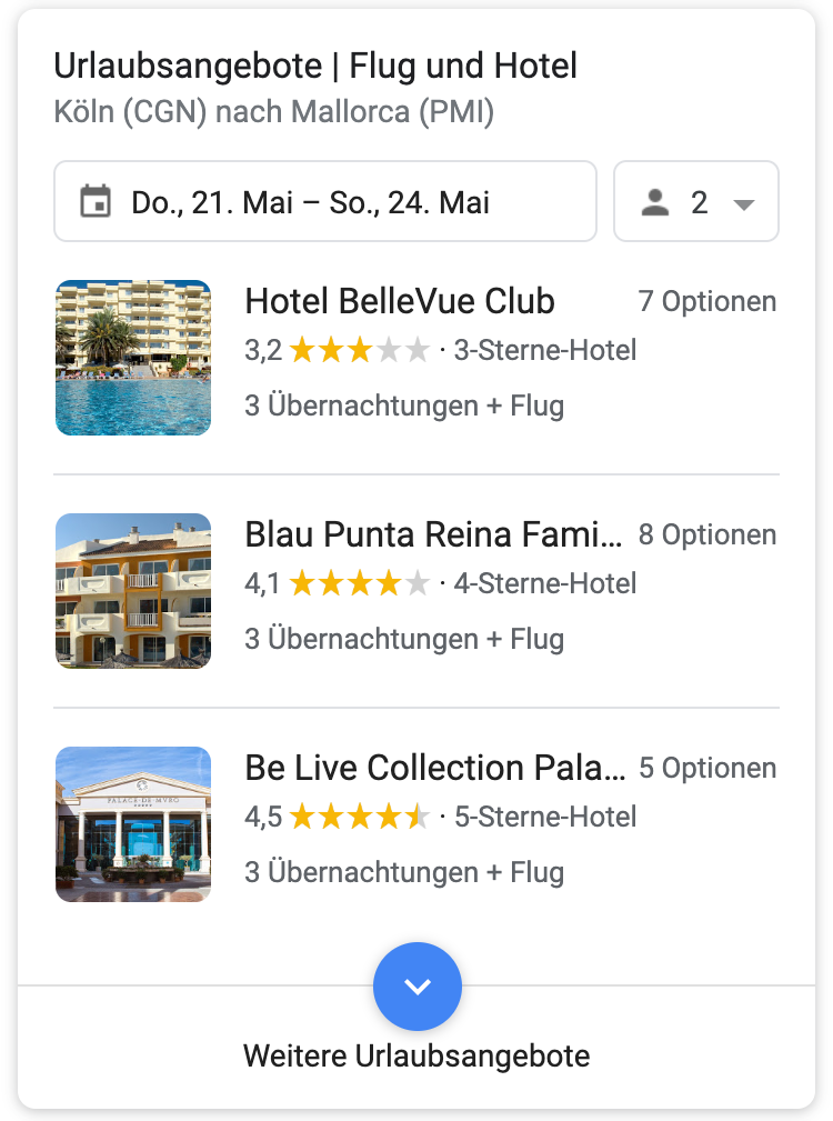 SERP Feature che mostra voli e hotel (tedesco)