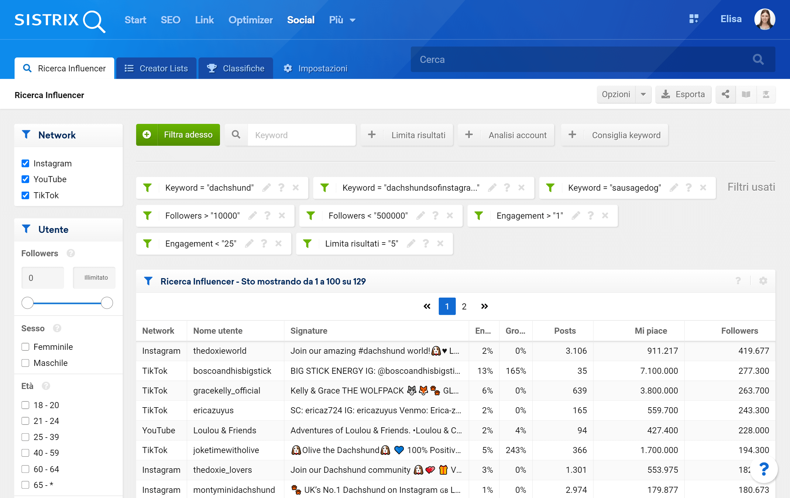 Filtri nella sezione "Ricerca influencer" del Toolbox SISTRIX