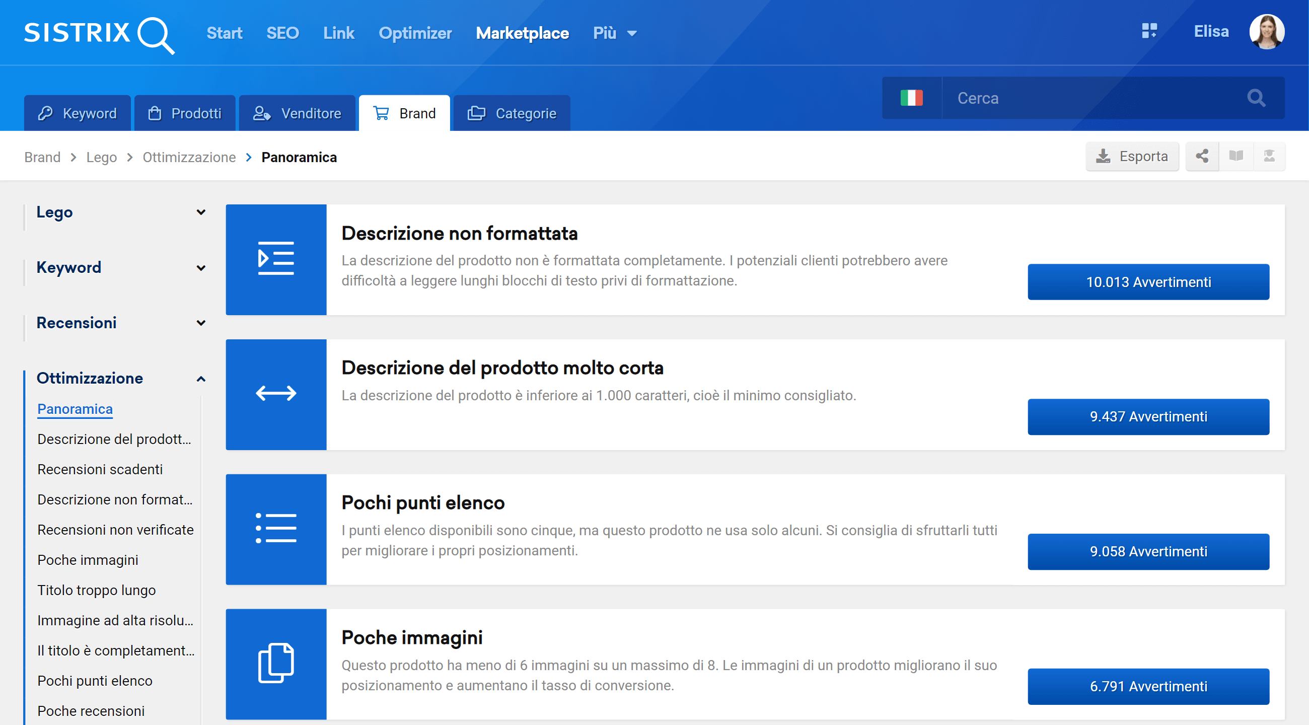 I consigli di ottimizzazione per Amazon su SISTRIX