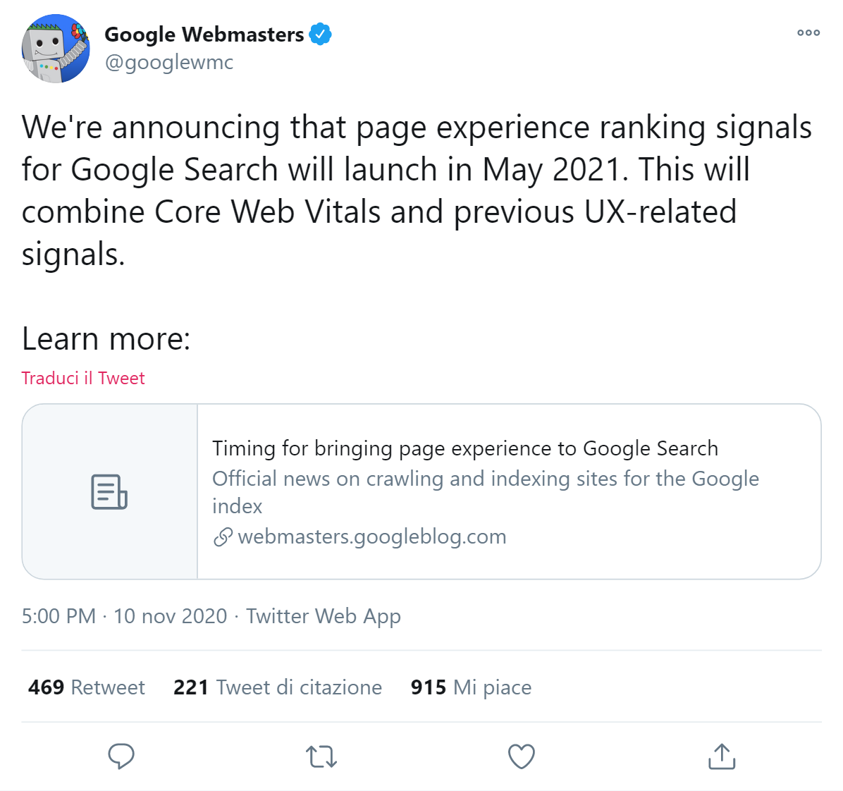 Tweet di Google sui Core Web Vital