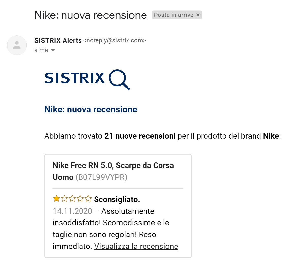 Esempio di email relativa alle nuove recensioni rilevate da SISTRIX