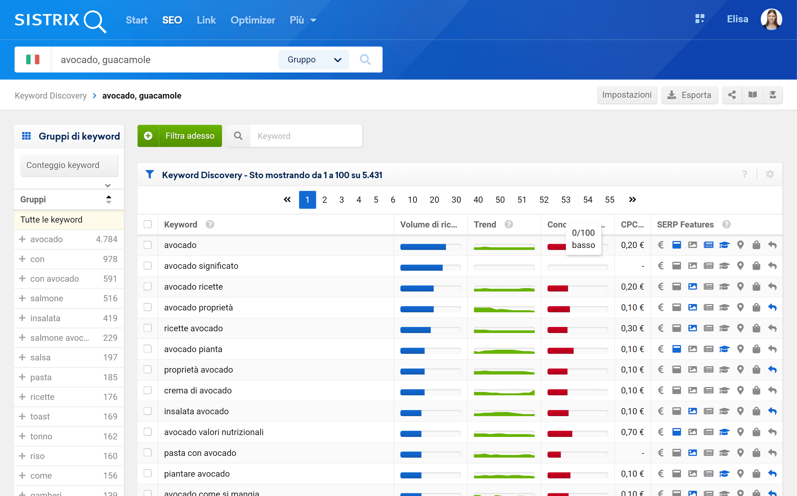 Analisi del tool Keyword Discovery per due keyword d'esempio