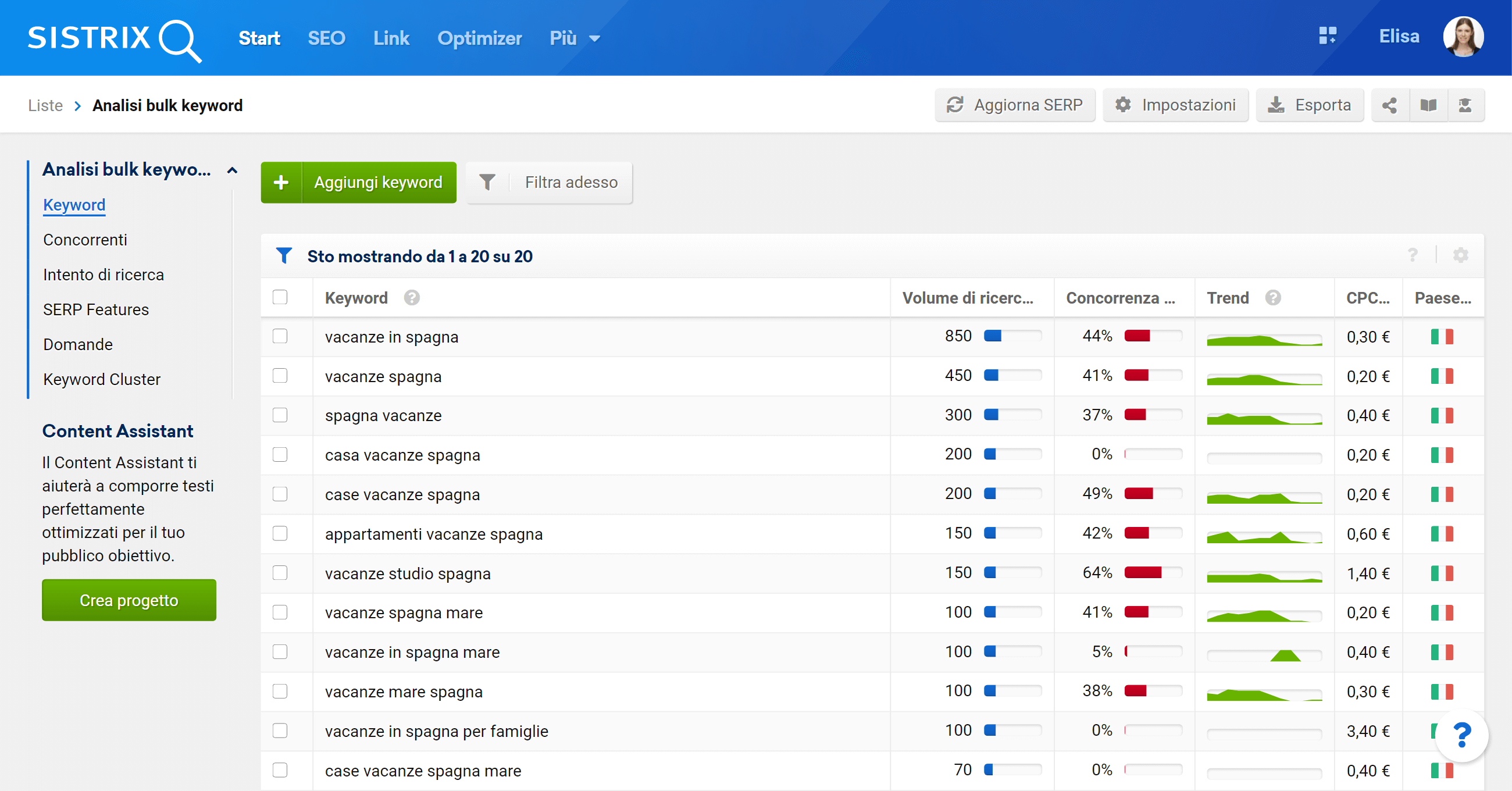 Esempio di lista di keyword su SISTRIX