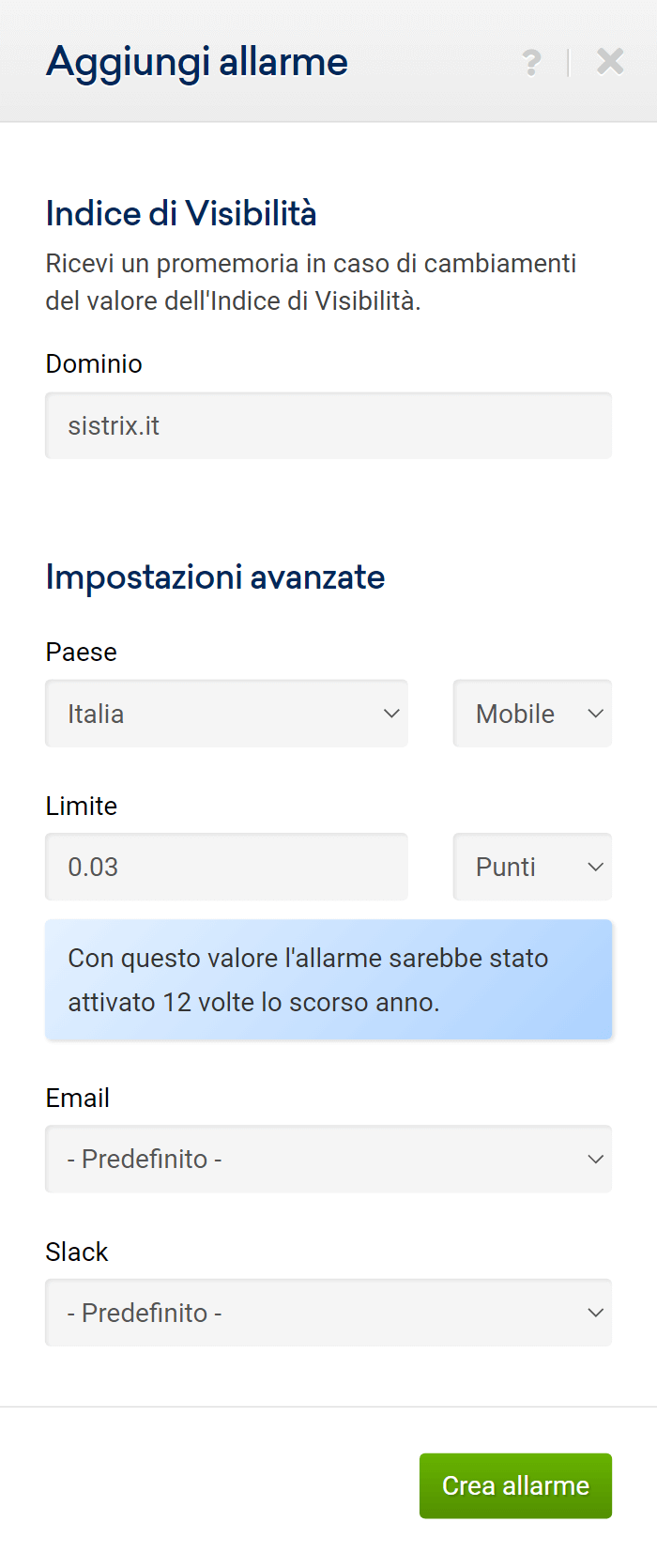 Allarme relativo all'Indice di Visibilità