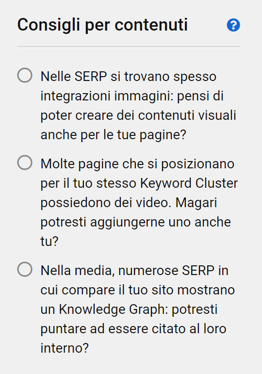 Esempi di consigli per i contenuti in un progetto del Content Assistant