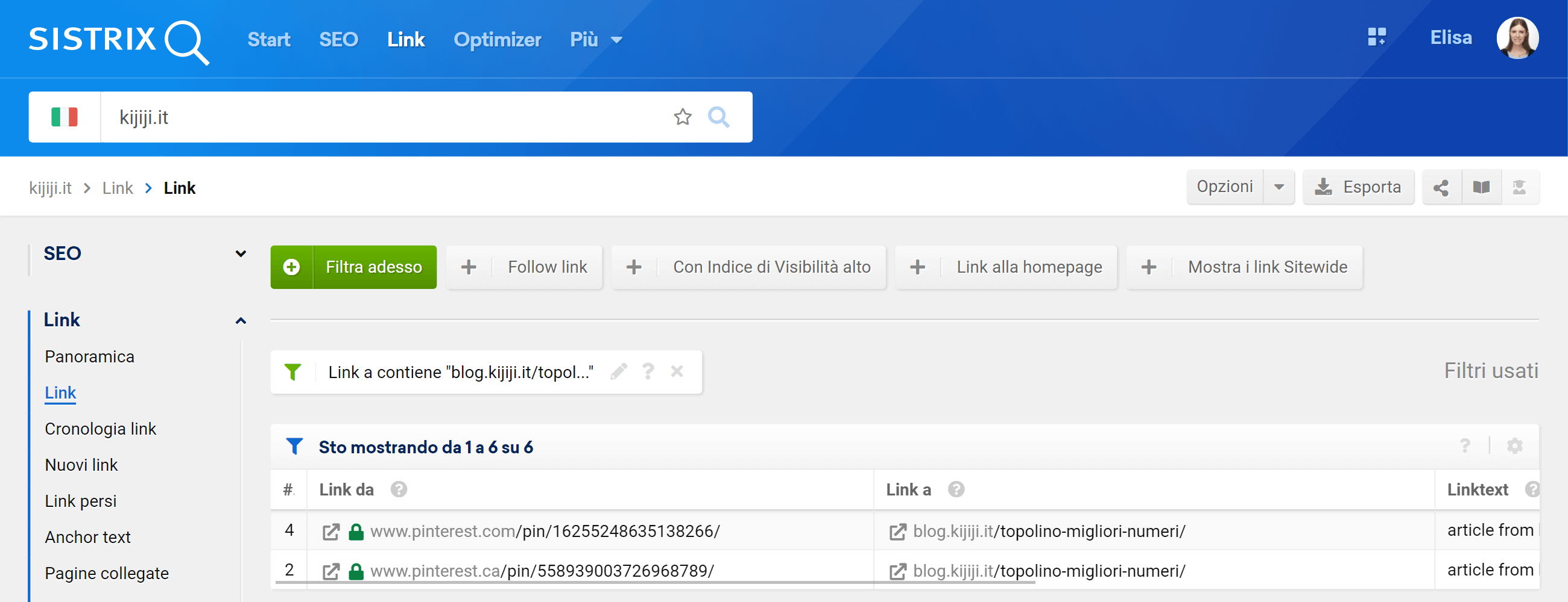 Filtro per visualizzare i link verso una pagina del sito