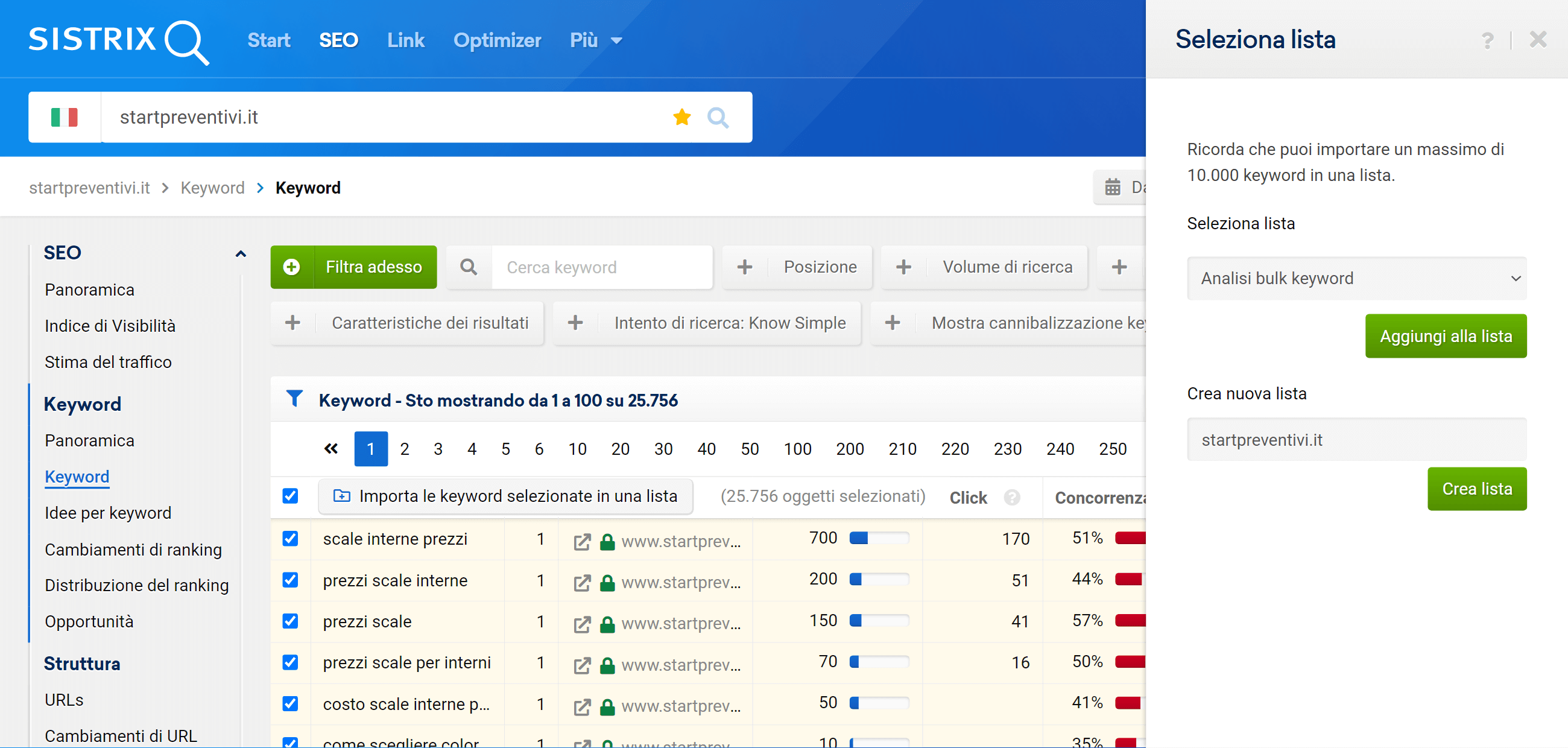 Come aggiungere delle keyword di una tabella in una lista su SISTRIX