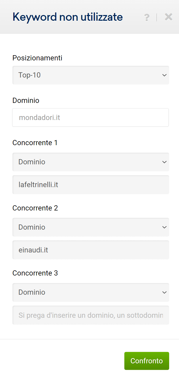 Finestra di input della sezione "keyword non utilizzate"