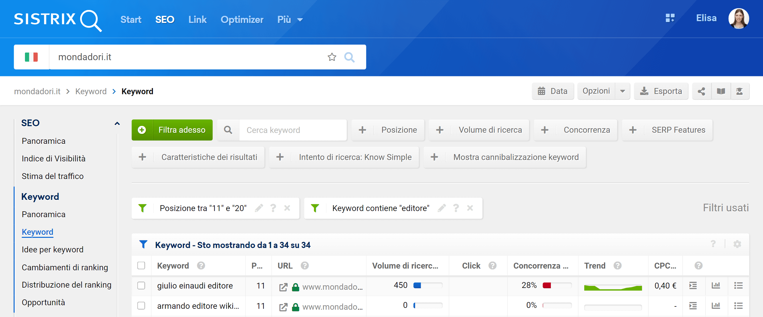 Sezione keyword con filtri