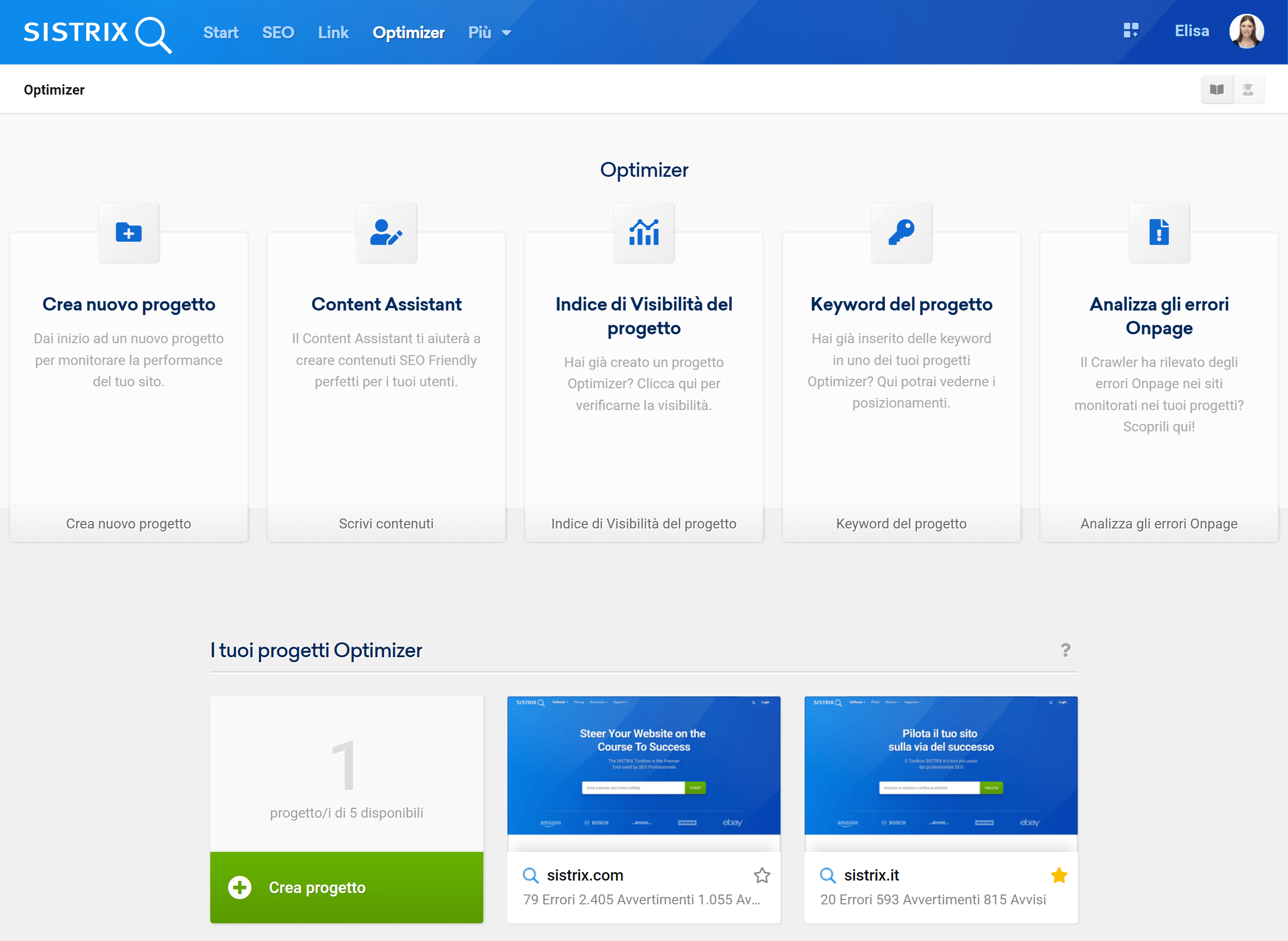 Pagina di panoramica dell'Optimizer SISTRIX