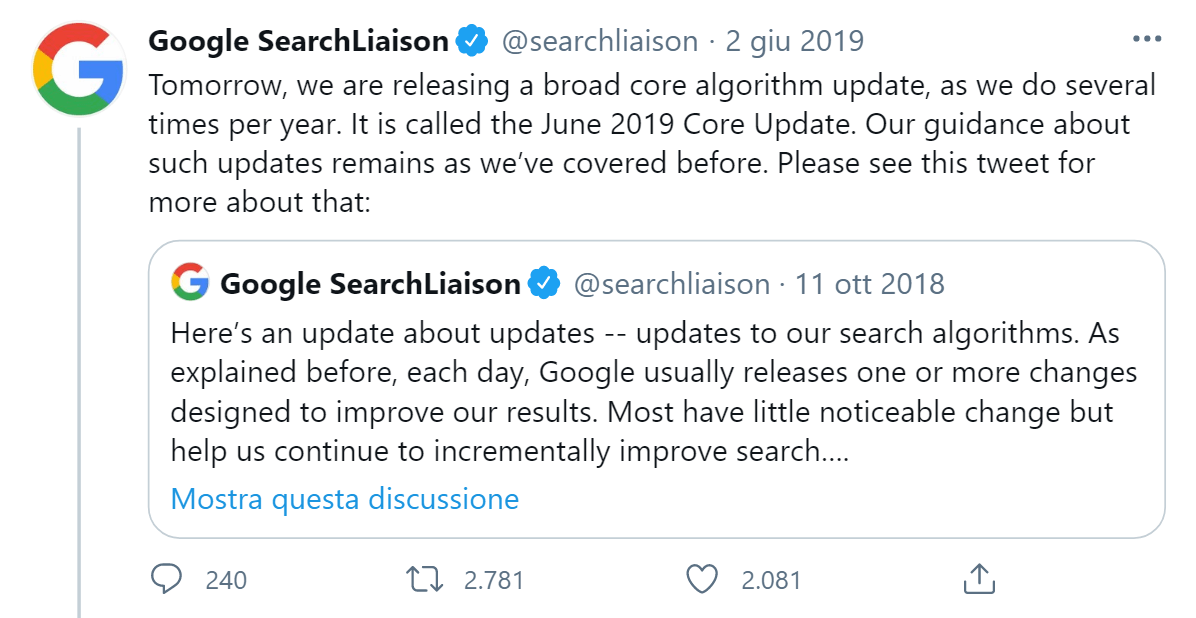 Annuncio del Core Update del 2019