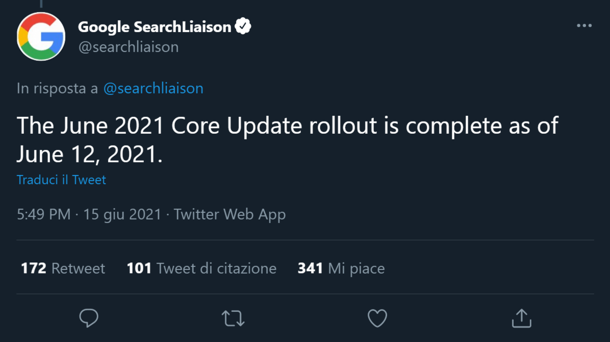 Tweet in cui Google annuncia la fine del Core Update di giugno 2021