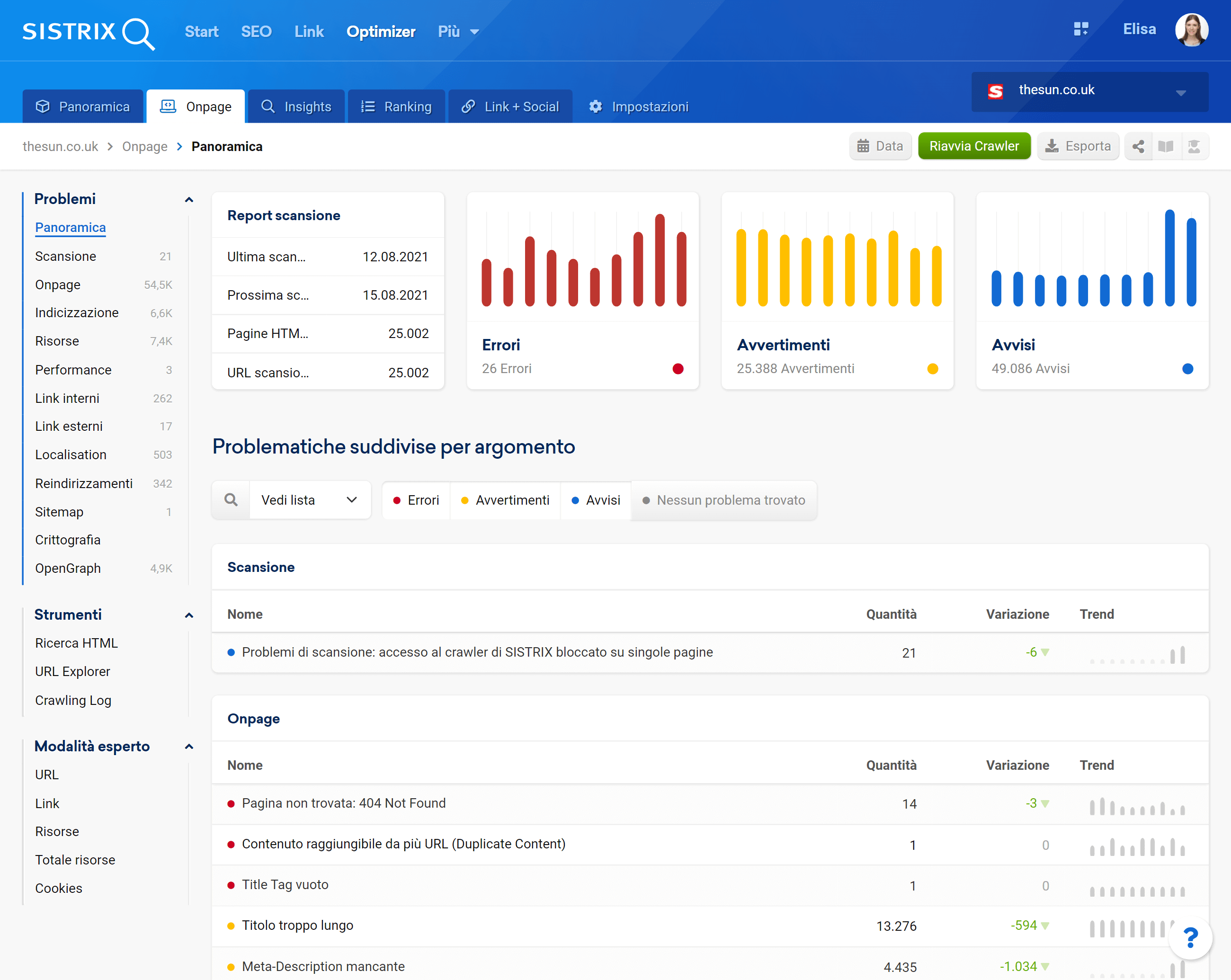 Nuova interfaccia Onpage Check Optimizer