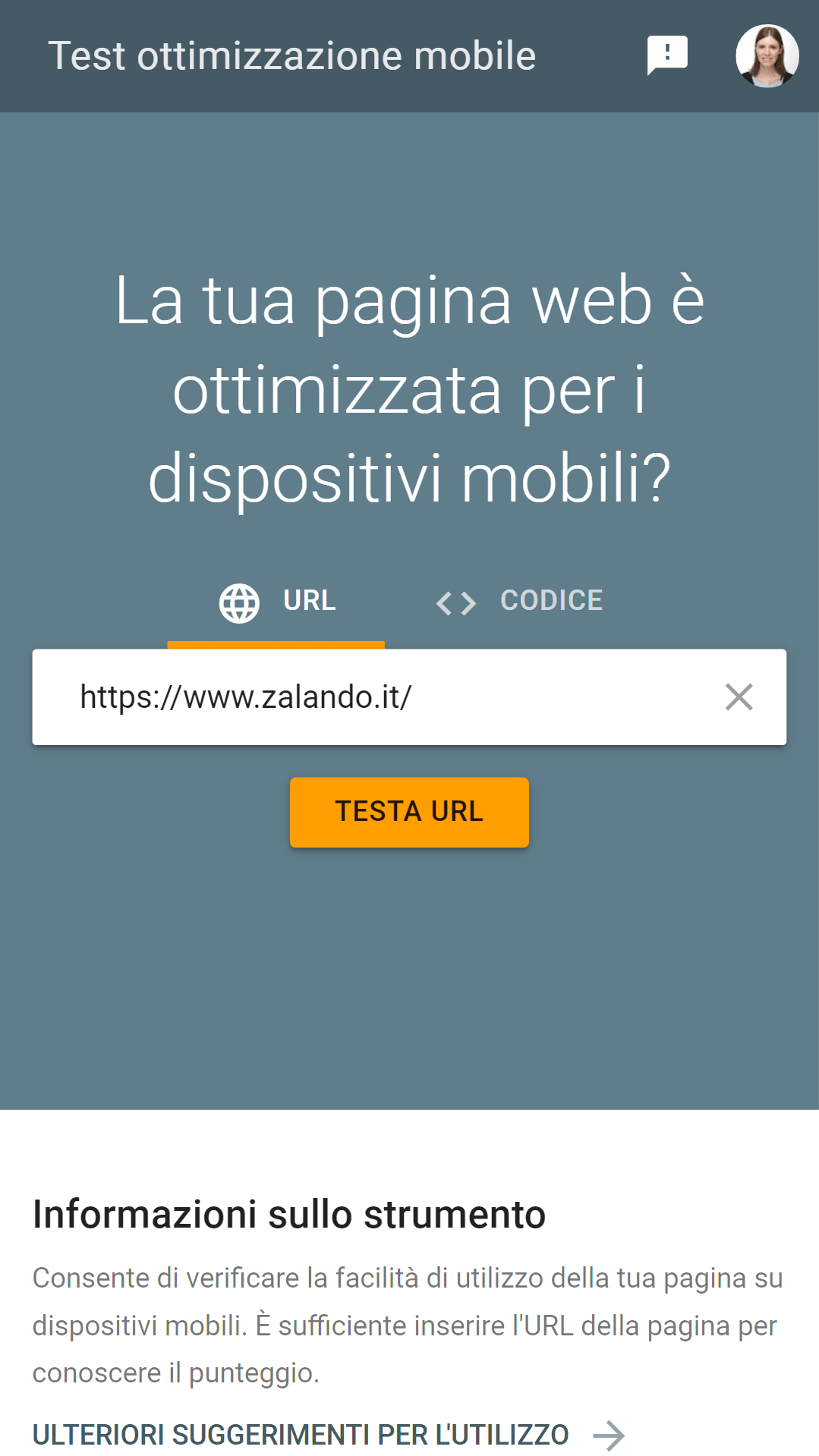 Test di ottimizzazione mobile di Google con URL