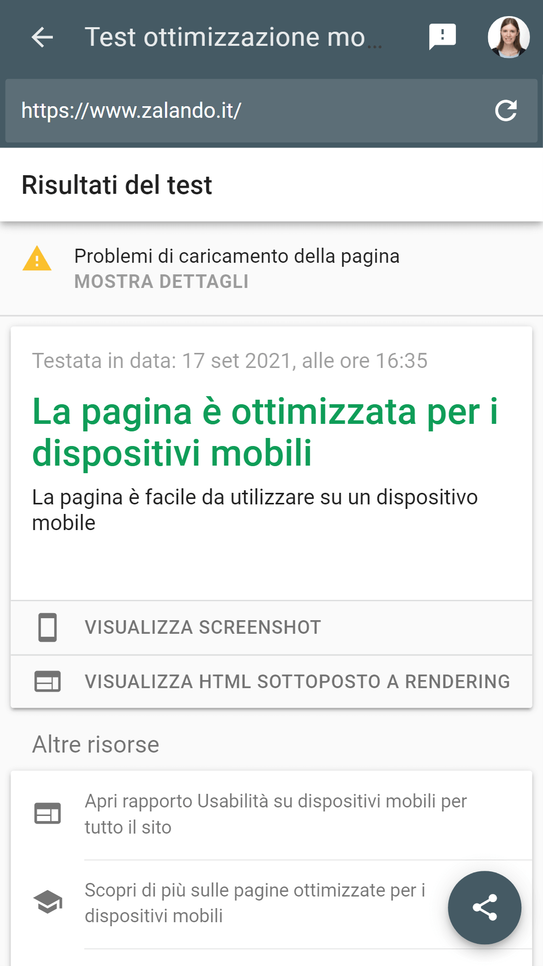 Test di ottimizzazione mobile di Google: risultato