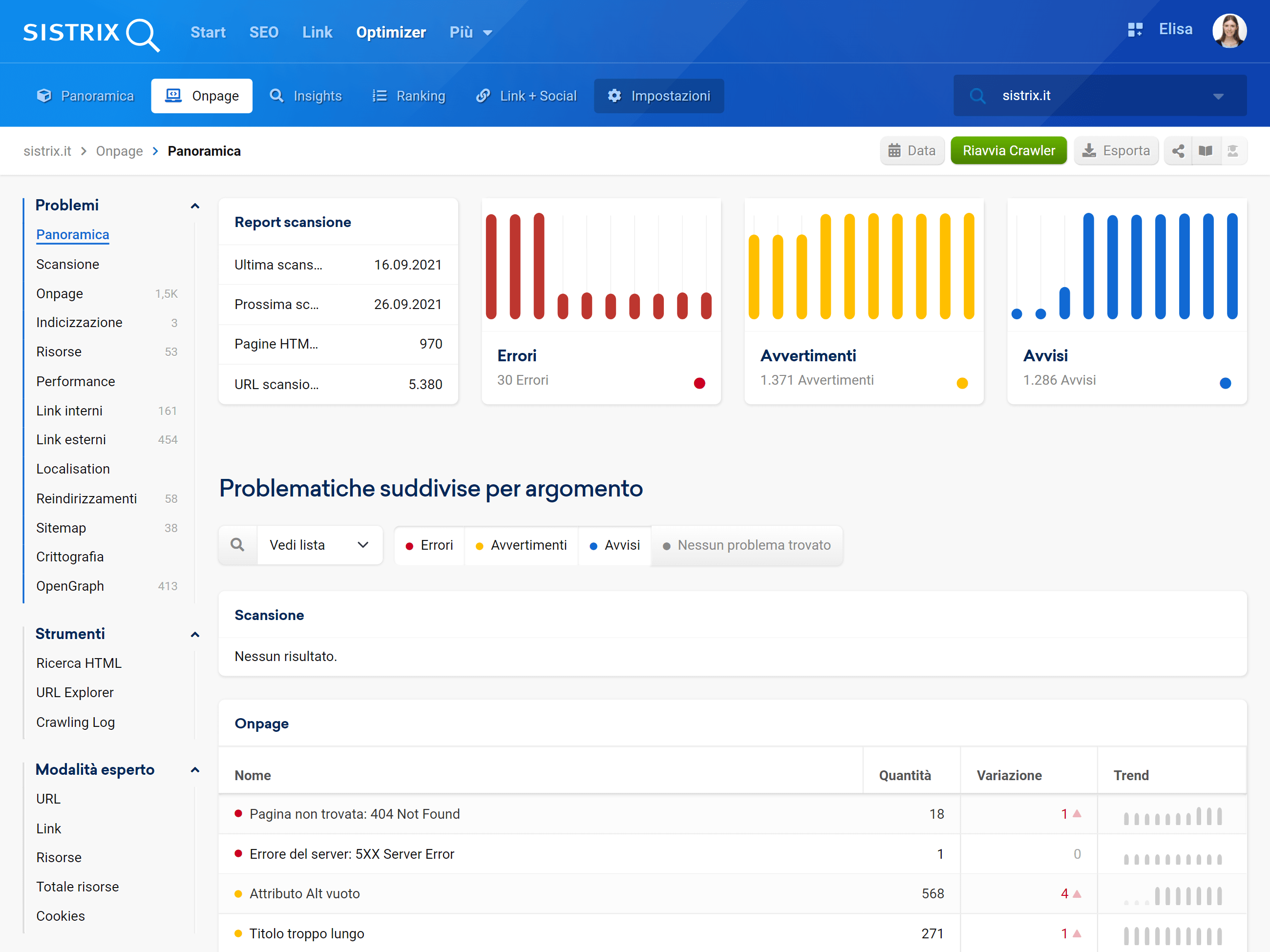 Onpage Audit nell'Optimizer SISTRIX