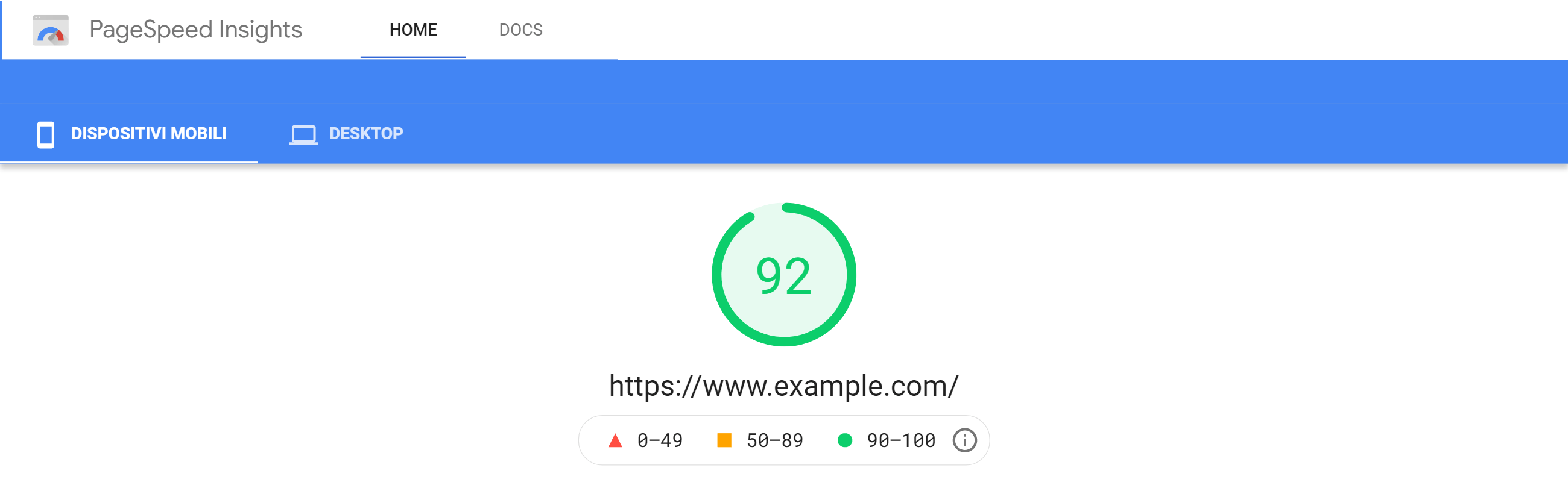 PageSpeed score di una pagina d'esempio